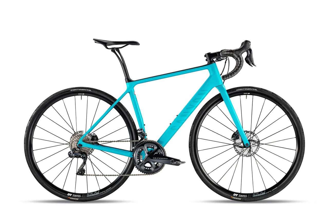 Turquoise Canyon Endurace WMN road bike with drop handlebars and disc brakes on a white background