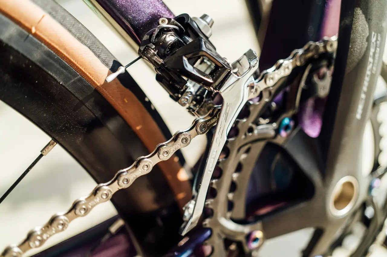 Bicycle chain running over the front chainring, below the front derailleur