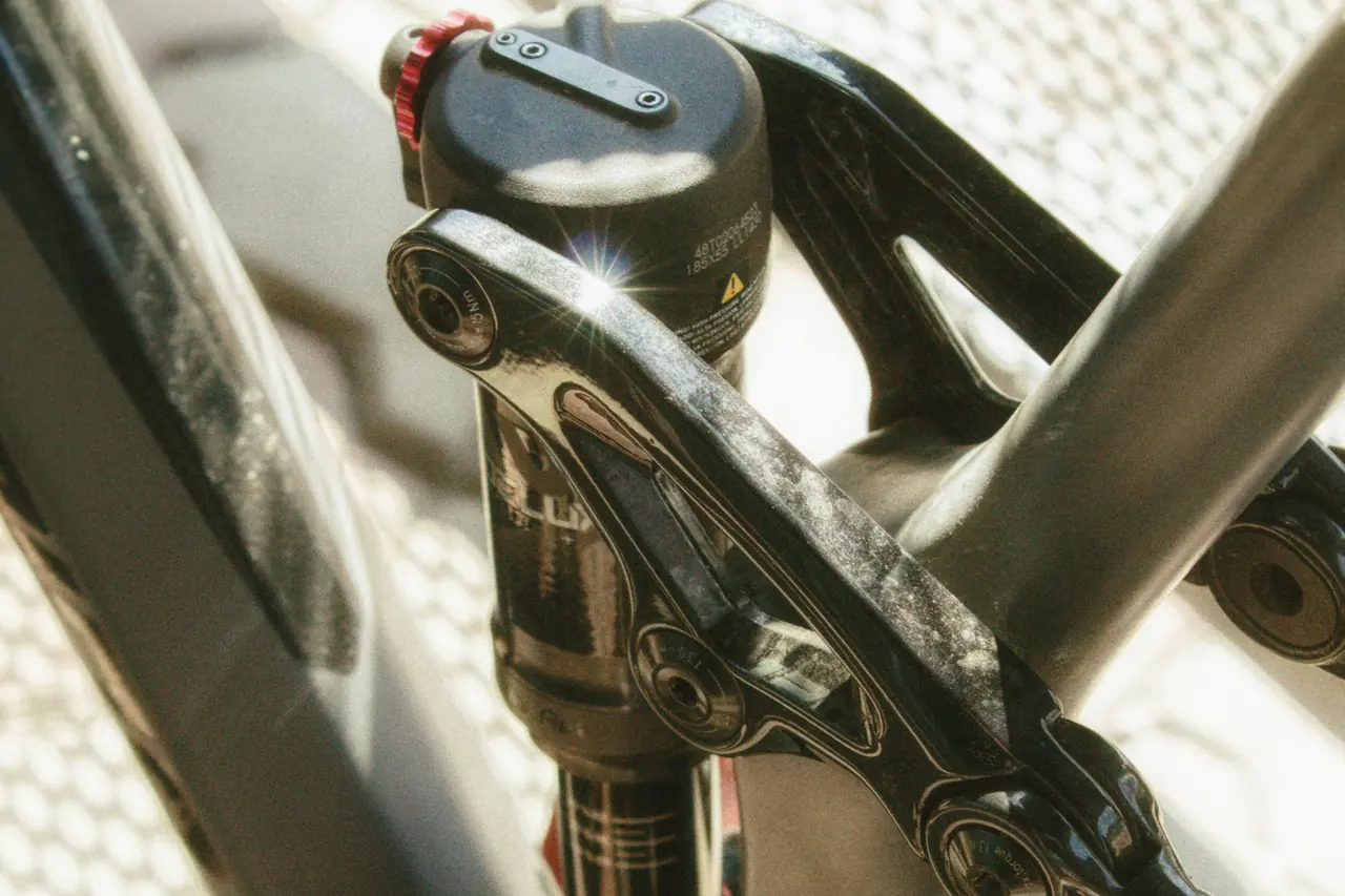 Rear shock mounted in the frame of a full-suspension mountain bike