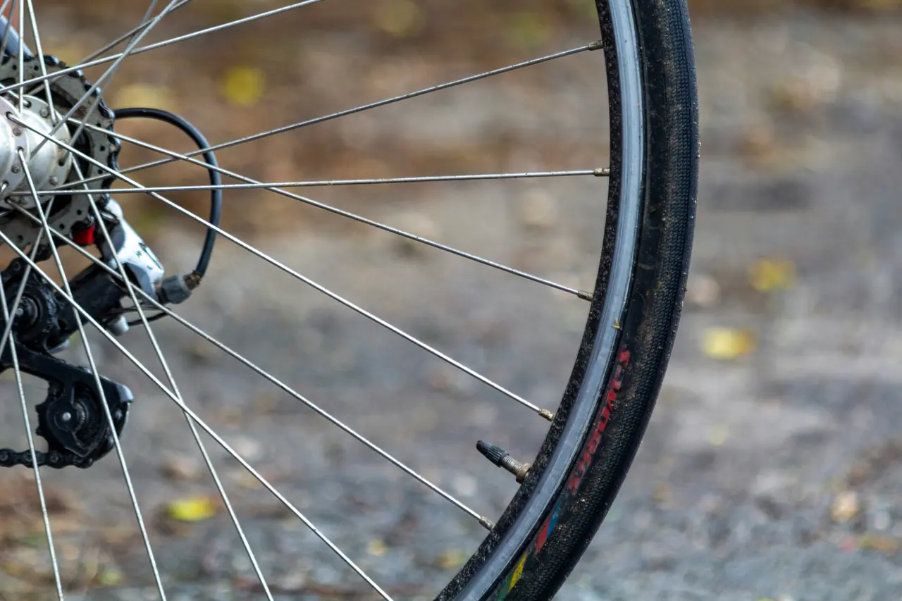 Wheel rim with a narrow tyre, spokes and the tyre valve