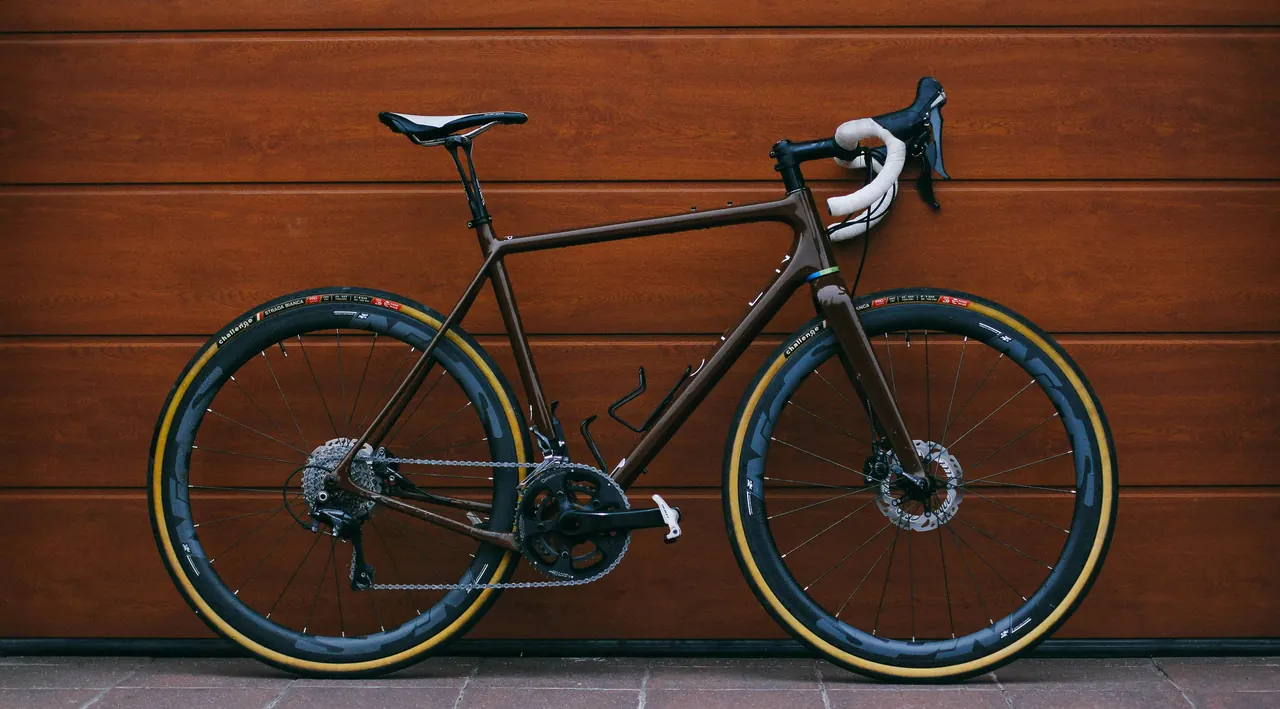 Gravel bike with drop handlebars, disc brakes and tan-wall tyres against a wooden wall